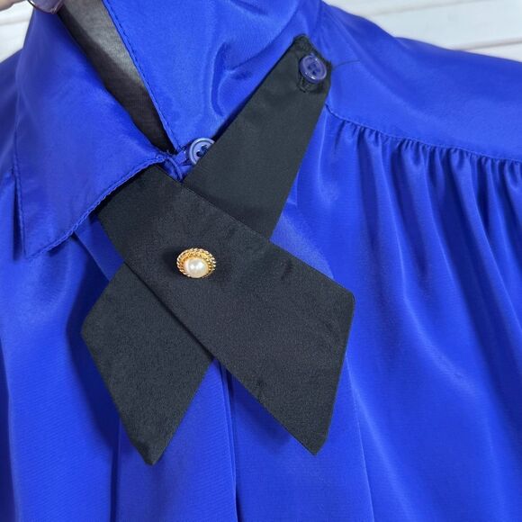 Vintage 80s Design Elements Pleated Removable Neck Bow Blouse Blue 10 - Picture 7 of 13
